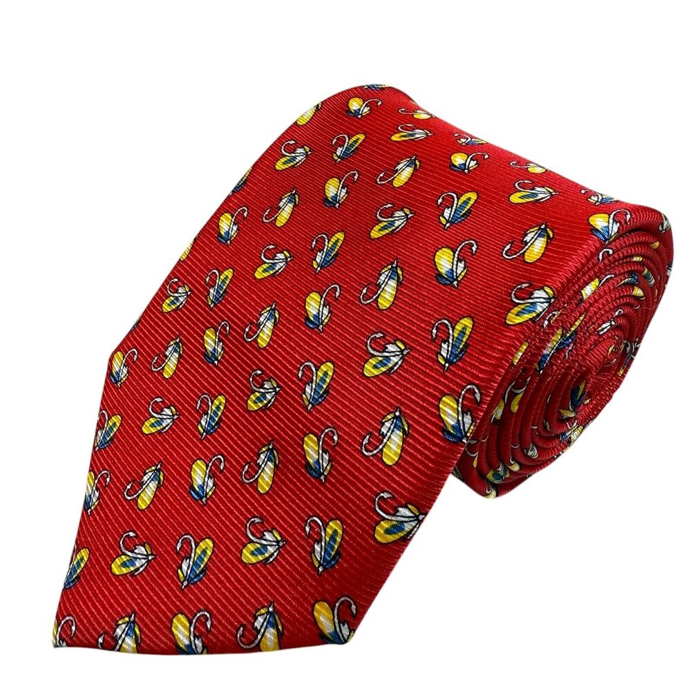 Cape Cod‎ Neckwear 100% Silk Tie Red Fly Fishing Fly Lure Yellow Blue Flies